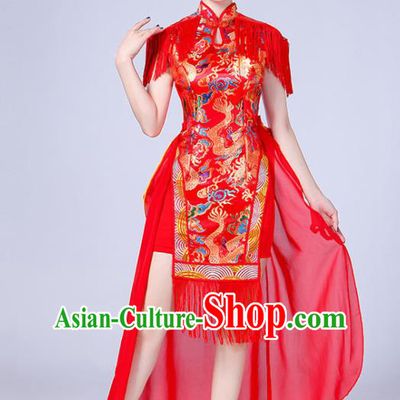 Chinese Traditional Folk Dance Yangko Red Tassel Dress Drum Dance Group Dance Costume for Women