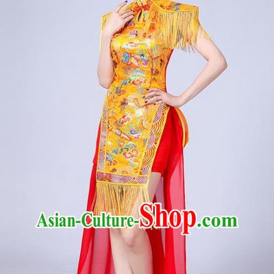 Chinese Traditional Folk Dance Yangko Yellow Tassel Dress Drum Dance Group Dance Costume for Women
