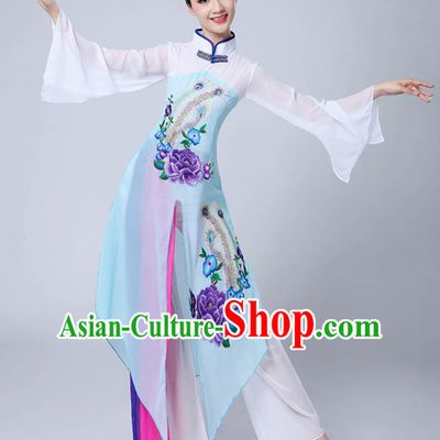 Chinese Traditional Umbrella Dance Stage Show Light Blue Dress Classical Dance Fan Dance Costume for Women