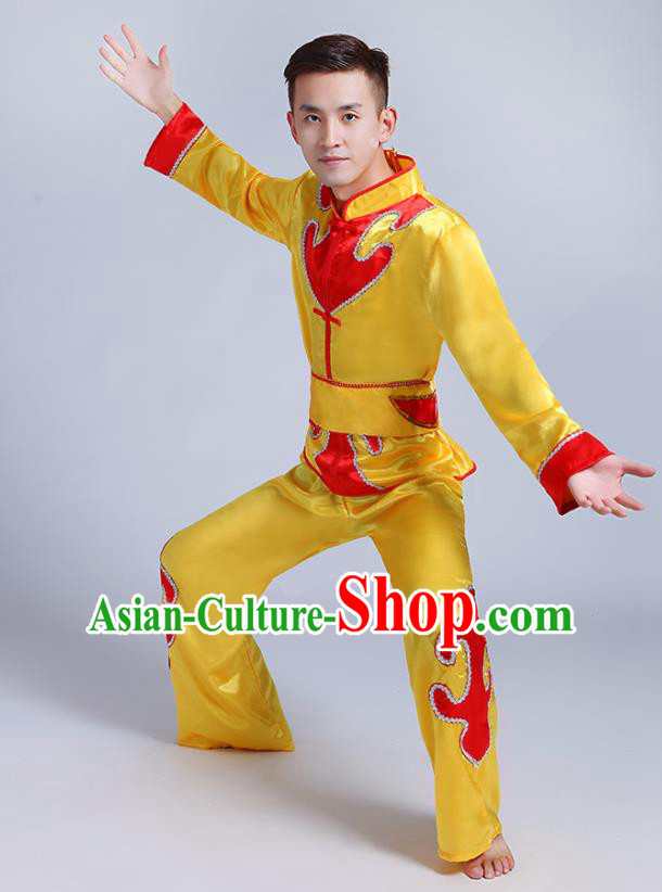 Traditional Chinese Drum Dance Folk Dance Yellow Outfits Fan Dance Costume for Men Traditional Chinese Drum Dance Folk Dance Yellow Outfits Fan Dance Costume for Men
