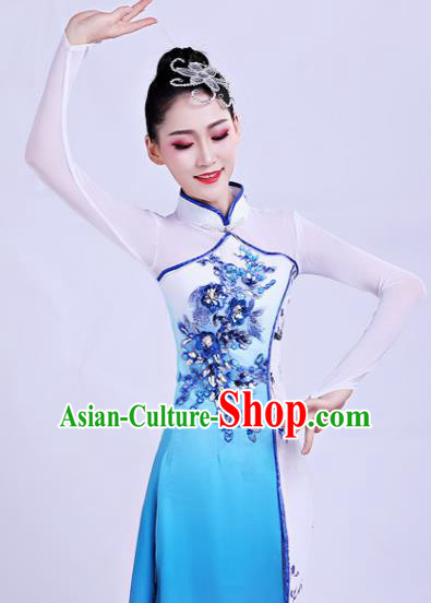 Chinese Traditional Umbrella Dance Blue Dress Classical Dance Round Fan Dance Costume for Women
