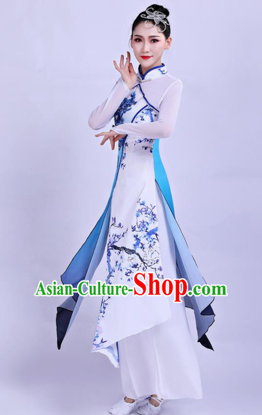 Chinese Traditional Umbrella Dance Blue Dress Classical Dance Round Fan Dance Costume for Women
