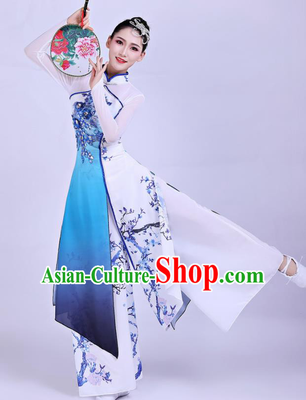 Chinese Traditional Umbrella Dance Blue Dress Classical Dance Round Fan Dance Costume for Women