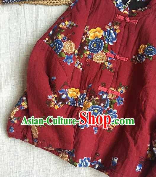 Chinese Traditional Tang Suit Printing Peony Purplish Red Cotton Wadded Jacket National Upper Outer Garment Costume for Women Chinese Traditional Tang Suit Printing Peony Purplish Red Cotton Wadded Jacket National Upper Outer Garment Costume for Women