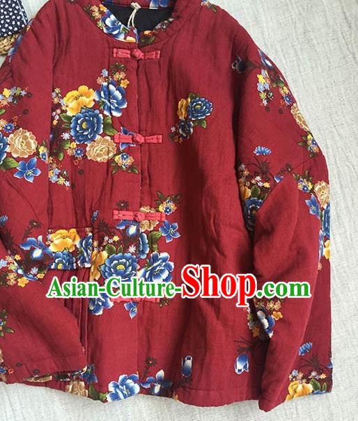Chinese Traditional Tang Suit Printing Peony Purplish Red Cotton Wadded Jacket National Upper Outer Garment Costume for Women Chinese Traditional Tang Suit Printing Peony Purplish Red Cotton Wadded Jacket National Upper Outer Garment Costume for Women