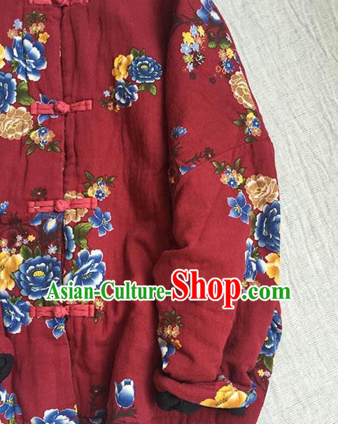 Chinese Traditional Tang Suit Printing Peony Purplish Red Cotton Wadded Jacket National Upper Outer Garment Costume for Women Chinese Traditional Tang Suit Printing Peony Purplish Red Cotton Wadded Jacket National Upper Outer Garment Costume for Women