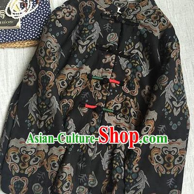 Chinese Traditional Tang Suit Printing Black Cotton Wadded Jacket National Upper Outer Garment Costume for Women