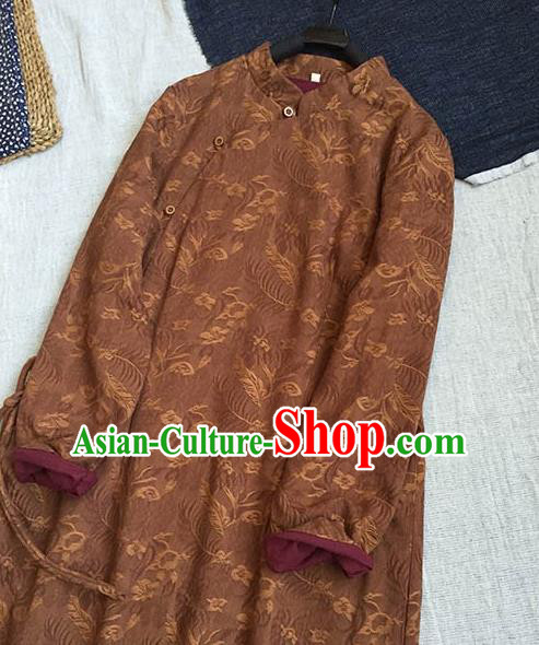 Chinese Traditional Tang Suit Printing Brown Linen Cheongsam National Costume Qipao Dress for Women Chinese Traditional Tang Suit Printing Brown Linen Cheongsam National Costume Qipao Dress for Women