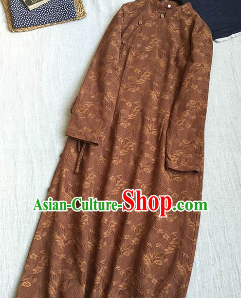 Chinese Traditional Tang Suit Printing Brown Linen Cheongsam National Costume Qipao Dress for Women Chinese Traditional Tang Suit Printing Brown Linen Cheongsam National Costume Qipao Dress for Women