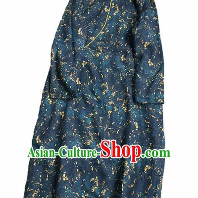 Chinese Traditional Tang Suit Printing Navy Linen Cheongsam National Costume Qipao Dress for Women