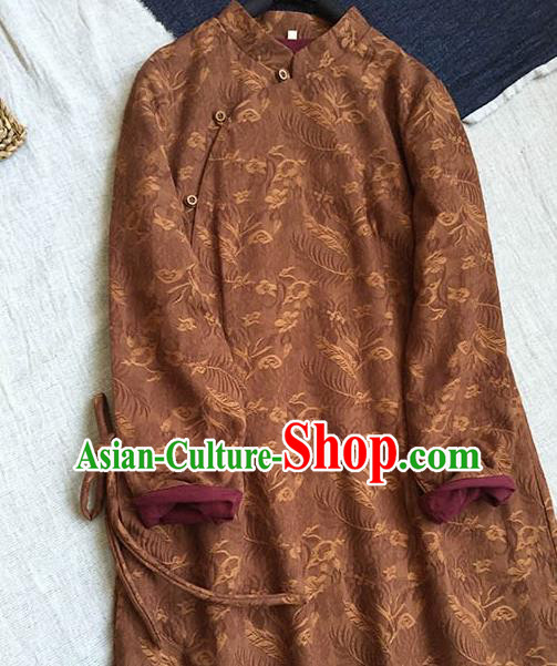 Chinese Traditional Tang Suit Printing Brown Linen Cheongsam National Costume Qipao Dress for Women Chinese Traditional Tang Suit Printing Brown Linen Cheongsam National Costume Qipao Dress for Women