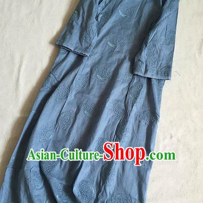 Chinese Traditional Tang Suit Navy Ramie Cheongsam National Costume Qipao Dress for Women