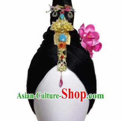Traditional Chinese Classical Dance Wang Zhaojun Hair Accessories Fan Dance Wig Chignon Headdress for Women