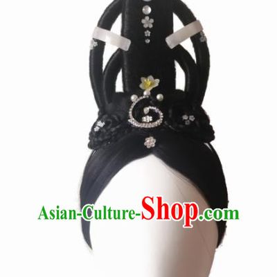 Traditional Chinese Classical Dance Yu Ren Dance Confucius Hair Accessories Fan Dance Wig Chignon Headdress for Women