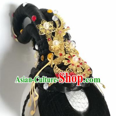 Traditional Chinese Classical Dance Ni Chang Dream Hair Accessories Water Sleeve Dance Wig Chignon Headdress for Women