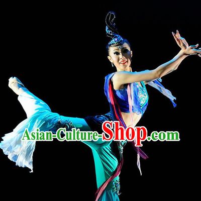 Chinese Traditional Classical Dance Dunhuang Flying Dance Blue Outfits Group Dance Costume for Women