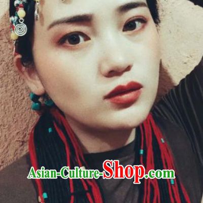 Chinese Traditional Zang Ethnic Blue Beads Tassel Hair Clasp Hair Accessories Tibetan Nationality Headwear for Women