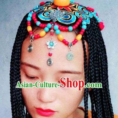 Chinese Traditional Tibetan Ethnic Blue Embroidered Hair Clasp Hair Accessories Zang Minority Nationality Headwear for Women