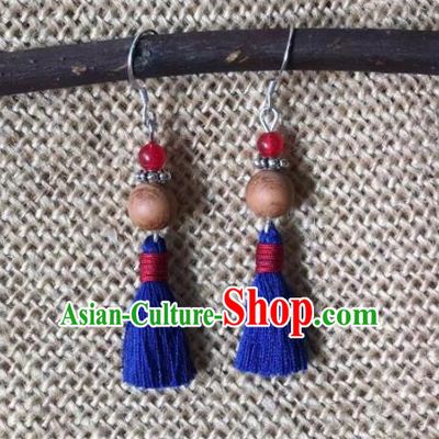 Chinese Traditional Ethnic Ear Accessories Nationality Blue Wool Yarn Earrings for Women