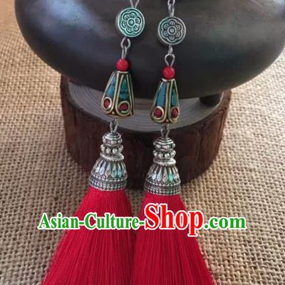 Chinese Traditional Ethnic Ear Accessories Nationality Red Wool Yarn Earrings for Women