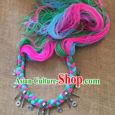 Chinese Traditional Tibetan Ethnic Colorful Wool Yarn Knitting Hair Clasp Zang Minority Nationality Headwear for Women