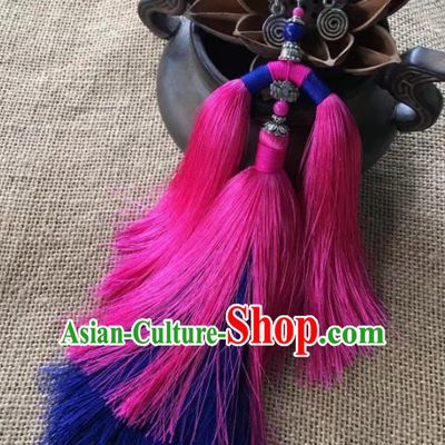 Chinese Traditional Ethnic Silver Ear Accessories Nationality Pink Tassel Earrings for Women