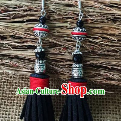 Chinese Traditional Ethnic Ear Accessories Miao Nationality Black Tassel Silver Earrings for Women