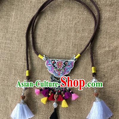 Chinese Traditional Ethnic Embroidered Necklace Accessories Nationality Silver Tassel Necklet for Women