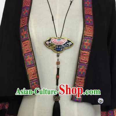 Chinese Traditional Ethnic Black Embroidered Butterfly Necklace Accessories Nationality Silver Tassel Necklet for Women
