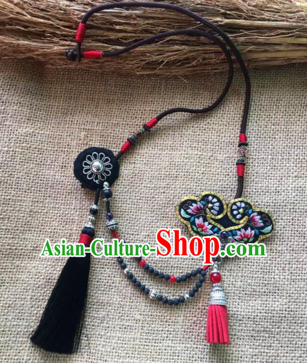 Chinese Traditional Ethnic Black Embroidered Necklace Accessories Nationality Tassel Necklet for Women