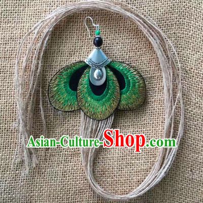Chinese Traditional Ethnic Ear Accessories Nationality Green Embroidered Tassel Earrings for Women