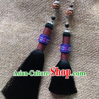 Chinese Traditional Ethnic Black Tassel Ear Accessories Miao Nationality Silver Earrings for Women
