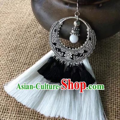 Chinese Traditional Ethnic White Tassel Ear Accessories Miao Nationality Silver Earrings for Women