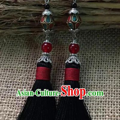 Chinese Traditional Ethnic Ear Accessories Miao Nationality Black Tassel Earrings for Women