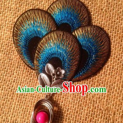 Chinese Traditional Ethnic Blue Embroidered Hair Claw Hair Accessories Minority Peacock Dance Headwear for Women