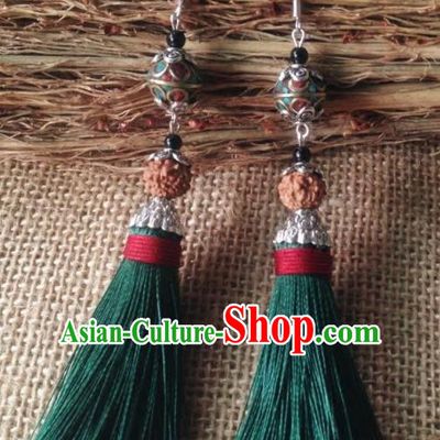 Chinese Traditional Dai Ethnic Ear Accessories Miao Nationality Green Tassel Earrings for Women