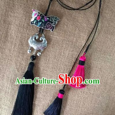 Chinese Traditional Ethnic Embroidered Necklace Accessories Nationality Black Tassel Silver Necklet for Women