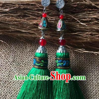 Chinese Traditional Ethnic Ear Accessories Miao Nationality Green Tassel Silver Carving Earrings for Women