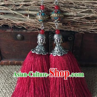 Chinese Traditional Ethnic Ear Accessories Miao Nationality Red Tassel Silver Carving Buddha Earrings for Women