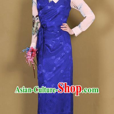 Traditional Chinese Zang Ethnic Royalblue Guozhuang Dress Tibetan Minority Folk Dance Costume for Women