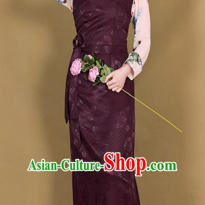 Traditional Chinese Zang Ethnic Deep Purple Guozhuang Dress Tibetan Minority Folk Dance Costume for Women