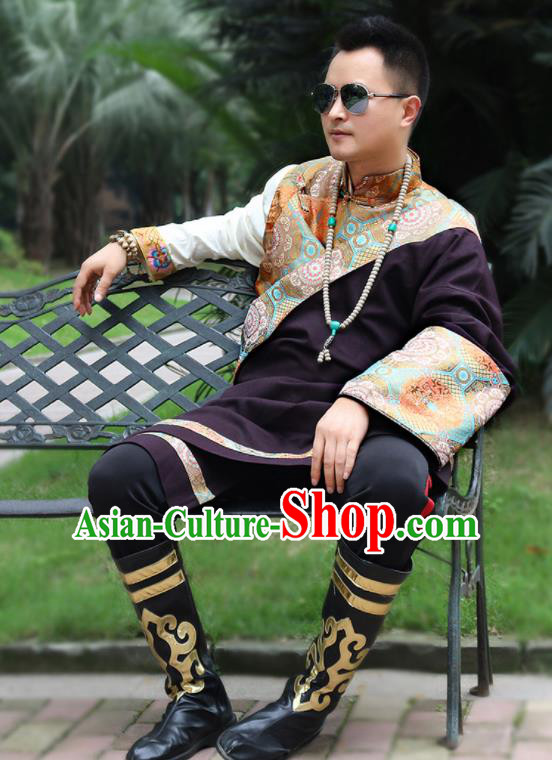 Chinese Traditional Ethnic Wine Red Tibetan Robe Zang Nationality Costume for Men Chinese Traditional Ethnic Wine Red Tibetan Robe Zang Nationality Costume for Men