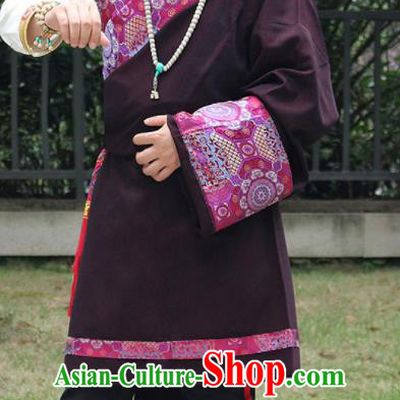 Chinese Traditional Ethnic Deep Purple Tibetan Robe Zang Nationality Costume for Men
