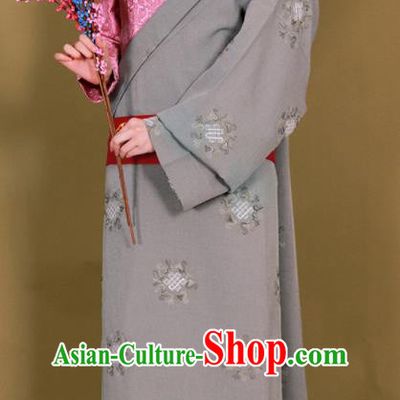 Traditional Chinese Zang Ethnic Grey Guozhuang Dress Tibetan Minority Folk Dance Costume for Women