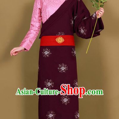 Traditional Chinese Zang Ethnic Purplish Red Guozhuang Dress Tibetan Minority Folk Dance Costume for Women