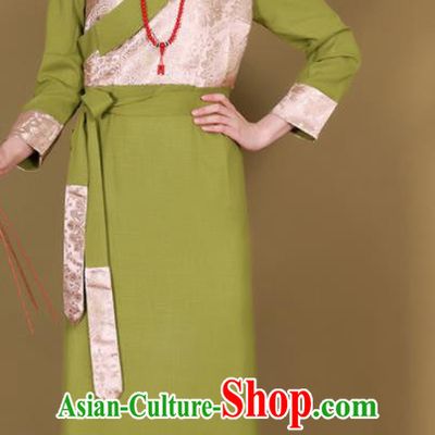 Traditional Chinese Zang Ethnic Kangba Green Dress Tibetan Minority Folk Dance Costume for Women