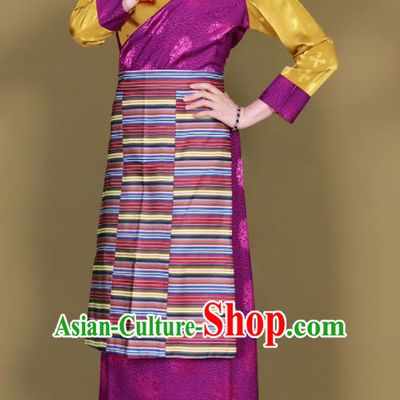 Traditional Chinese Zang Ethnic Kangba Purple Silk Dress Tibetan Minority Folk Dance Costume for Women