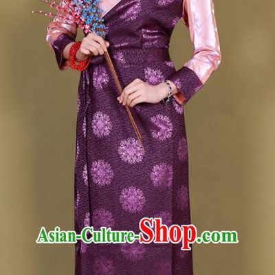 Traditional Chinese Zang Ethnic Kangba Purple Silk Dress Tibetan Minority Folk Dance Costume for Women