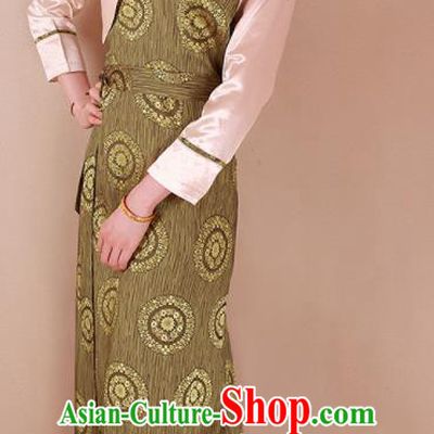 Traditional Chinese Zang Ethnic Olive Green Silk Dress Tibetan Minority Folk Dance Costume for Women