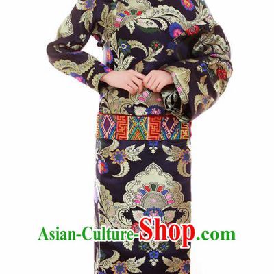 Traditional Chinese Zang Ethnic Folk Dance Black Robe Tibetan Minority Wedding Costume for Women
